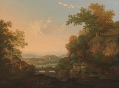 Una scena fluviale con capanne di paglia vicino a un ponte su una diga da James Lambert  of Lewes