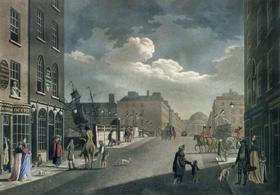 Vista da Capel Street, guardando oltre Essex Bridge, Dublino, da "Una serie di venti vedute di Dublino" da James Malton