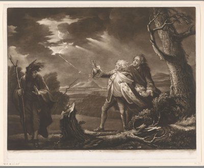 David Garrick come re Lear con il conte di Kent ed Edgar travestito da Tom in un paesaggio tempestoso da James McArdell