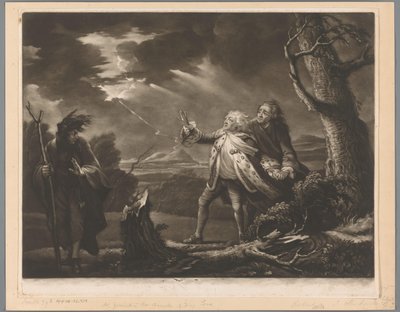 David Garrick come re Lear con il conte di Kent ed Edgar travestito da Tom in un paesaggio tempestoso da James McArdell