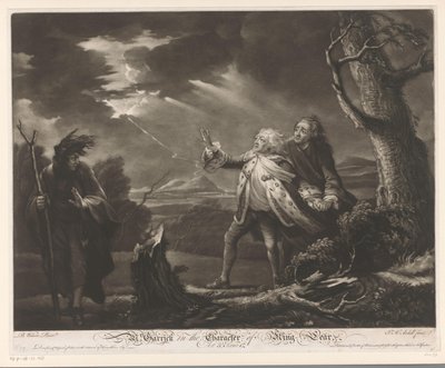 David Garrick come re Lear con il conte di Kent e Edgar travestito da Tom in un paesaggio tempestoso da James McArdell