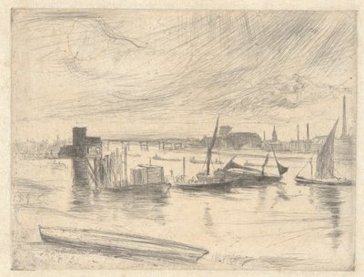 Alba a Battersea (Cadogan Pier), dal Thames Set (Una serie di sedici incisioni di scene sul Tamigi e altri soggetti) da James Abbott McNeill Whistler