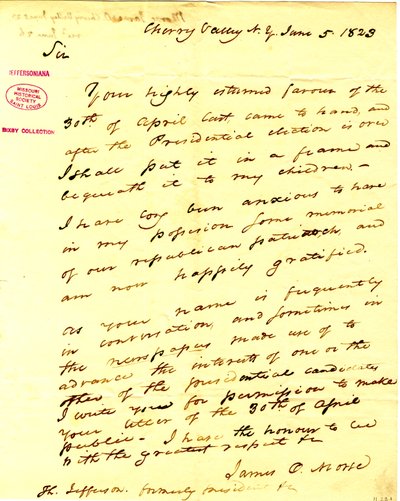 Lo ringrazia per la sua risposta del 30 aprile che intende incorniciare e conservare per i suoi figli. (2 pagine) da James O. Morse