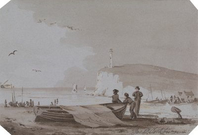 Scena Costiera con Figure, Barche, Faro, ecc. da James Pattison Cockburn