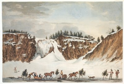 Vista invernale delle cascate di Montmorenci dalla strada sul ghiaccio di fronte, presa il 12 aprile 1781, inciso da John Wells da James Peachey