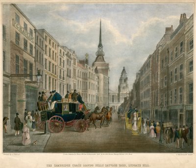 La carrozza di Cambridge che lascia il cortile di Belle Sauvage, Ludgate Hill, Londra da James Pollard