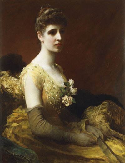 Ritratto di Lady Dixon di Rheda, tre quarti di lunghezza, seduta con un vestito giallo con fiori e un ventaglio da James Sant
