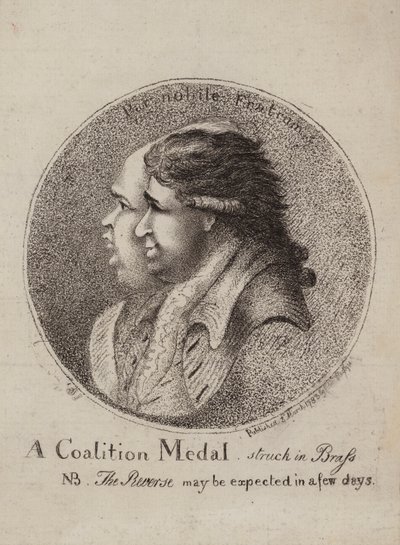 Medaglia della Coalizione, coniata in ottone: satira sulla coalizione dei politici britannici Lord North e Charles James Fox, 1783 da James Sayers