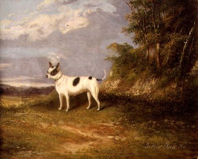 Un terrier in un paesaggio da James Senior Clark