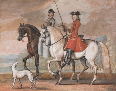 Un gentiluomo in sella a un cavallo addestrato che cavalca in compagnia di una signora da James Seymour