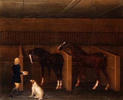 Un groom, cavalli e un cane in una stalla da James Seymour
