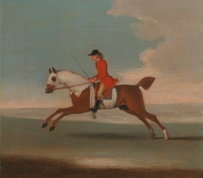 Uno dei Quattro Ritratti di Cavalli - un Cavallo da Corsa Castano Allenato da un Istruttore in Cappotto Rosso: galoppando a sinistra, il cavallo indossa coperture bianche per il sudore su testa, collo e corpo da James Seymour
