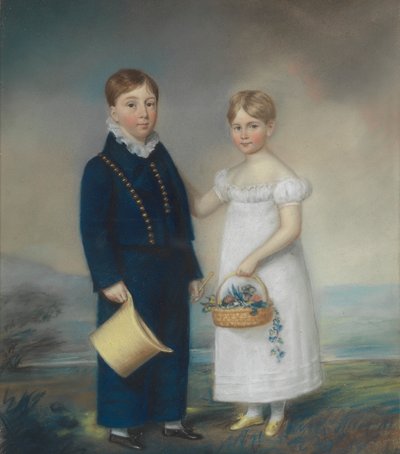 Ragazzo con un Cappello e Ragazza con un Cesto di Fiori, in un Paesaggio da James Sharples