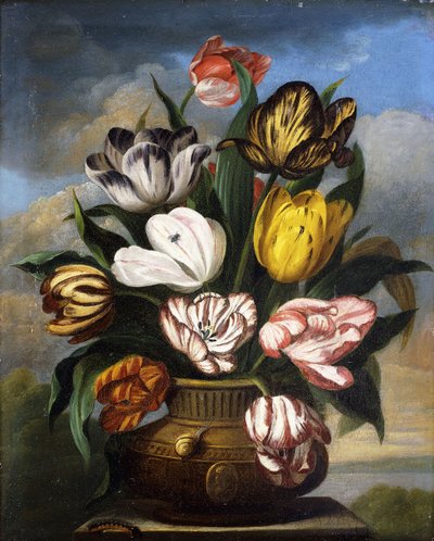 Tulipani in un vaso, con un bruco, una lumaca e una mosca, su un plinto in un paesaggio, 1826 da James Sillett