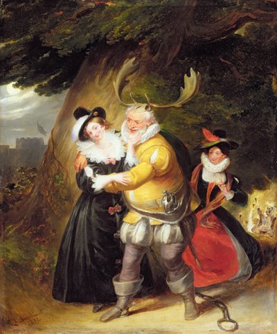 Falstaff alla quercia di Herne da Le allegre comari di Windsor, Atto V, Scena V, 1832 da James Stephanoff