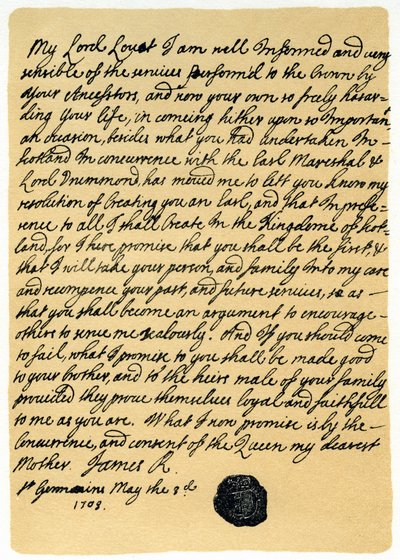 Lettera di James Edward Stuart a Simon Fraser, Lord Lovat, St Germains, 3 maggio 1703 da James Stuart