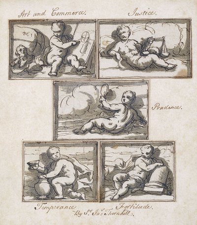Arte e commercio; Giustizia; Prudenza; Temperanza; e Fortezza da James Thornhill