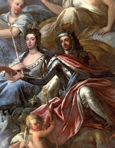 Soffitto della Painted Hall, dettaglio di Re Guglielmo III e Regina Maria II sul trono da James Thornhill