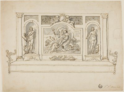 Nettuno e Anfitrite affiancati da Giove e Giunone: progetto per una panca da sala o da giardino dipinta da James Thornhill