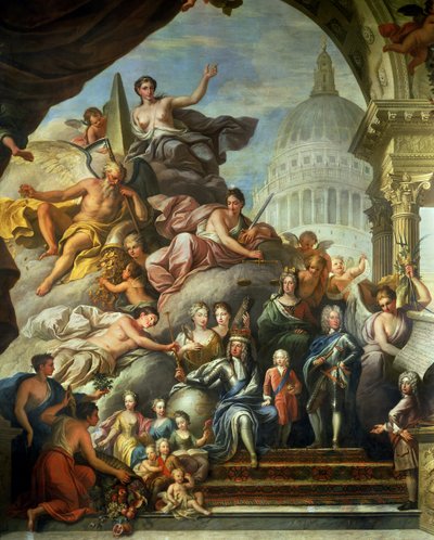 Dipinto sulla parete posteriore della Sala Superiore che glorifica Giorgio I e la Casa di Hannover, 1718-24 da James Thornhill