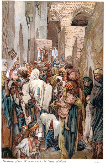 Donna con perdita di sangue che tocca il bordo del mantello di Gesù e viene guarita da James Tissot