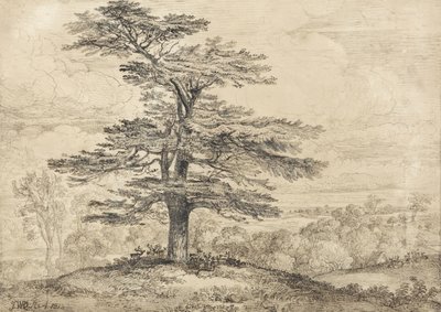 Un cedro su una collina con un gruppo di cervi sotto la sua ombra da James Ward