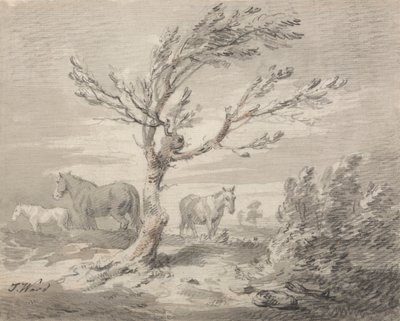 Paesaggio con tre cavalli e un albero in primo piano da James Ward