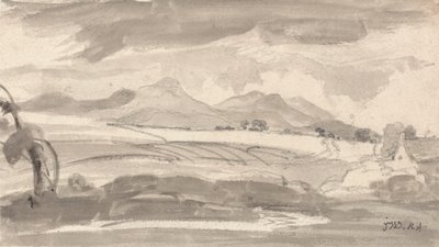 Vista sui campi verso montagne lontane, con un cottage a destra da James Ward