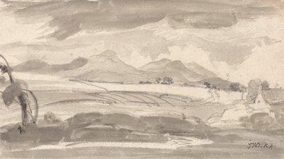 Vista su campi e montagne lontane, con un cottage sulla destra da James Ward