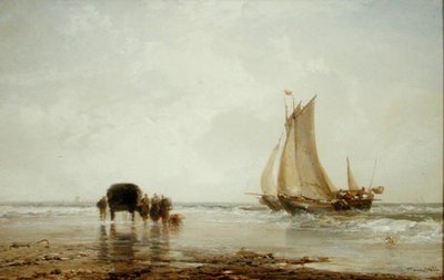 Sulla spiaggia: due barche da pesca e un gruppo di donne da James Webb