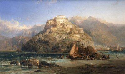 Veduta di San Sebastian (Spagna), al centro, Monte Urgull e gli edifici del castello di Santa Cruz de la Mota. Olio su tela di James Webb da James Webb