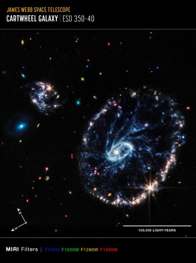 Galassia Ruota di Carro (Immagine bussola MIRI) da James Webb Space Telescope (NASA)