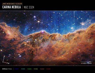 "Scogliere Cosmiche" nella Nebulosa Carena (Immagine bussola NIRCam) da James Webb Space Telescope (NASA)