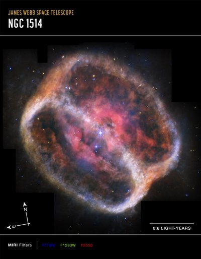 Nebulosa planetaria NGC 1514 (immagine MIRI Compass) da James Webb Space Telescope (NASA)