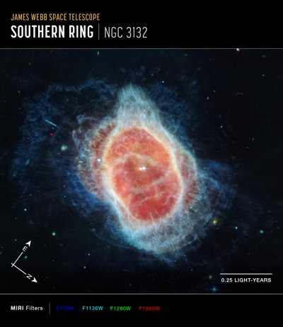 Nebulosa Anello del Sud (Immagine bussola MIRI) da James Webb Space Telescope (NASA)