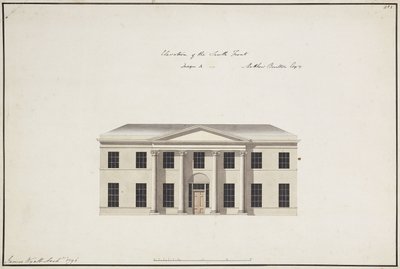 Soho House: pianta del piano terra; pianta del piano della camera da letto; elevazione del fronte sud, design A, elevazione del fronte sud, design B, ed elevazione del fronte nord, 1796 da James Wyatt