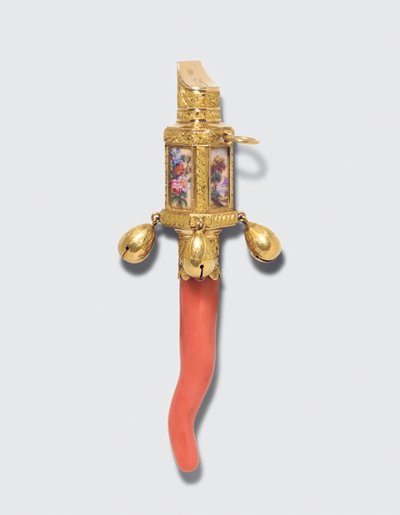 Sonaglio, dentaruolo e fischietto per bambini in stile Regency, marcato Londra 1815/1816 da James and Ray John Montague