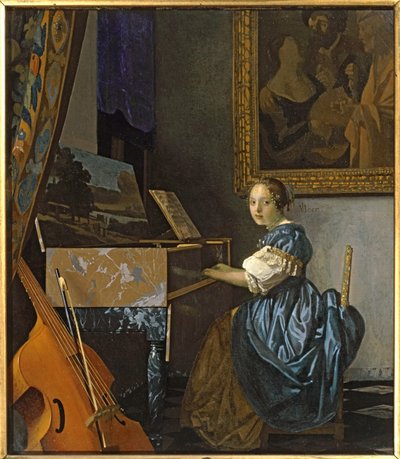 Una giovane donna seduta presso il virginale ... (dipinto su tela) da Jan (1632-75) Vermeer