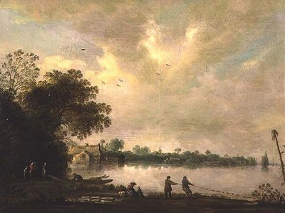 Un paesaggio fluviale con pescatori che tirano una rete da Jan (attr. to) Coelenbier