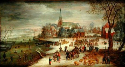 Veduta di Shelle e del fiume Schelda in inverno con un mercato e pattinatori da Jan (follower of) Brueghel