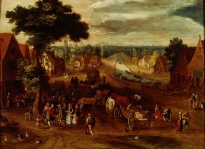 Un villaggio con viaggiatori fuori da una locanda da Jan (follower of) Brueghel