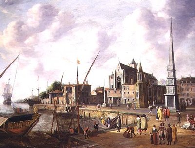 Scena di porto mediterraneo con figure eleganti sul molo e navi in mare in lontananza da Jan Abrahamsz. Beerstraten