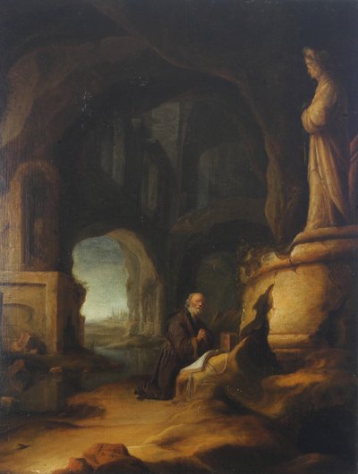 Un eremita in preghiera in una grotta con rovine classiche da Jan Adriansz van Staveren