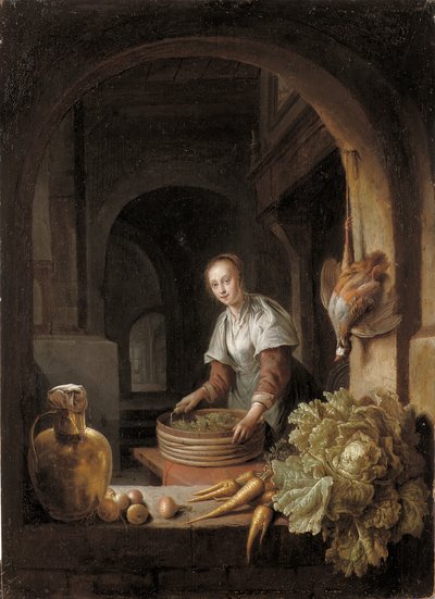 Una domestica che prepara verdure in cucina da Jan Adriansz van Staveren