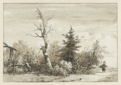 Paesaggio con gruppo di alberi e raccoglitrice di legna a destra da Jan Apeldoorn