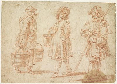Tre schizzi di una donna con giogo, uomo con secchio e un pellegrino da Jan Baptist Lambrechts