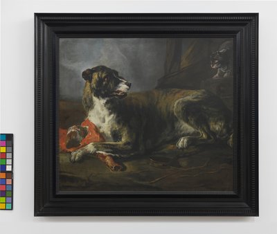 Un cane da cinghiale con un pezzo di carne vicino a un gatto infuriato, c.1647-55 da Jan Baptist Weenix