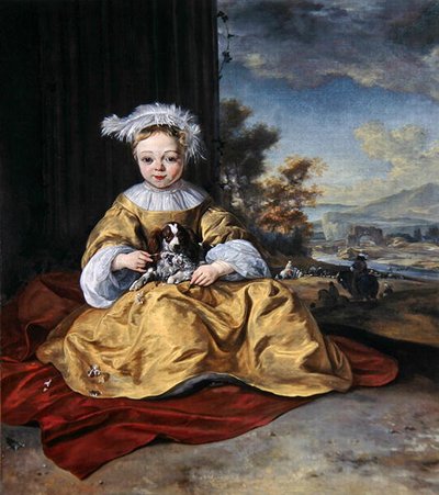 Un bambino in un vestito giallo che tiene un cane da Jan Baptist Weenix