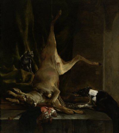 Un cane e un gatto vicino a un cervo parzialmente sventrato da Jan Baptist Weenix