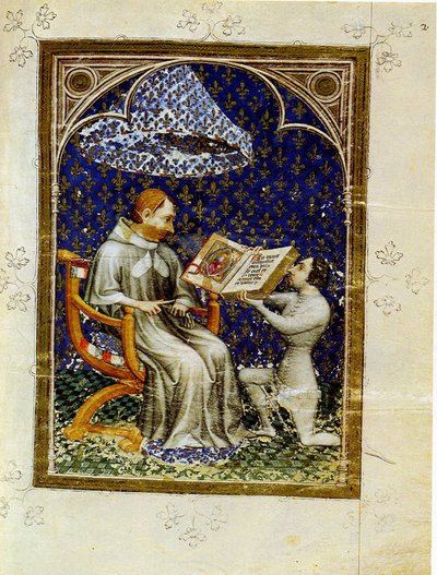 Jean de Vaudetar presenta il suo dono di un libro a Carlo V di Francia. Dalla Bibbia storica di Jean de Vaudetar, 1372 da Jan Bondol